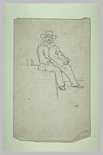 Un homme assis, coiffé d'un chapeau