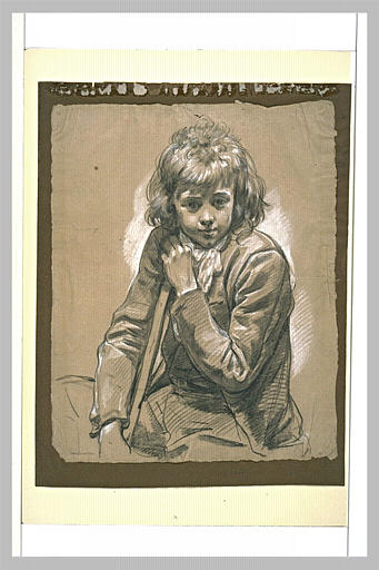 Portrait de jeune garçon, assis de face, s'appuyant sur un bâton
