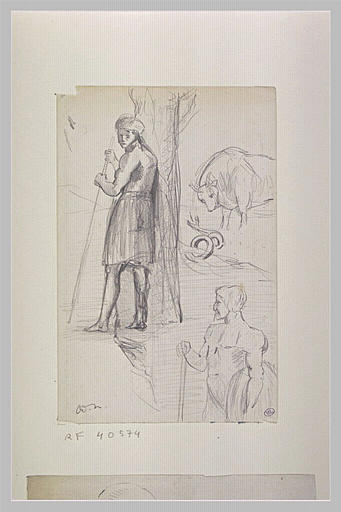 Adolescent contre un arbre tenant un bâton ; taureau et serpent ; homme nu