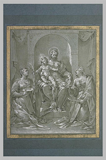 Sainte Lucie et sainte Agathe agenouillées devant la Vierge et l'Enfant