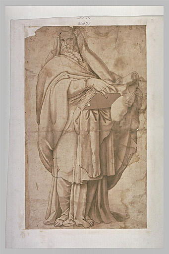 Un apôtre debout tenant un livre et un rouleau de papier