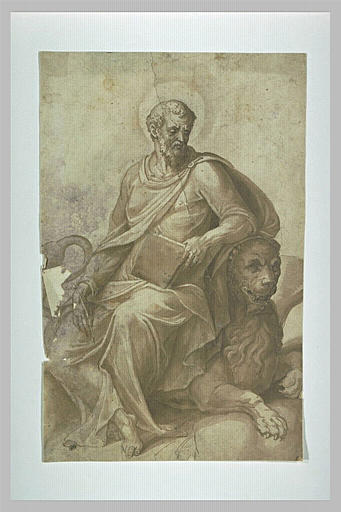 Saint Marc, assis sur un lion, tenant un livre et une plume