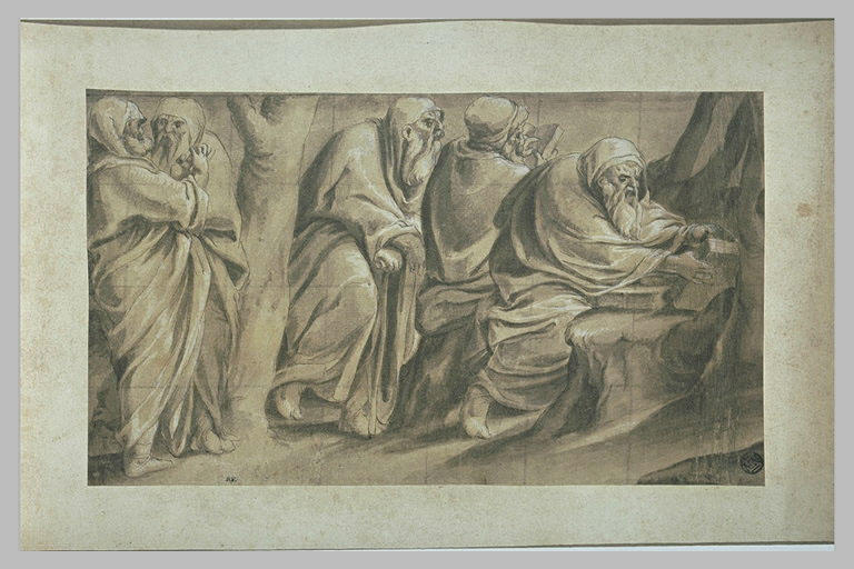 Cinq hommes agés lisant et discutant près de deux arbres