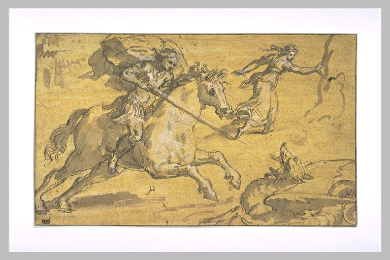 Saint Georges à cheval, armé d'une lance, combattant le monstre