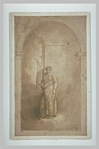 Sainte Barbe tenant deux palmes devant une tour