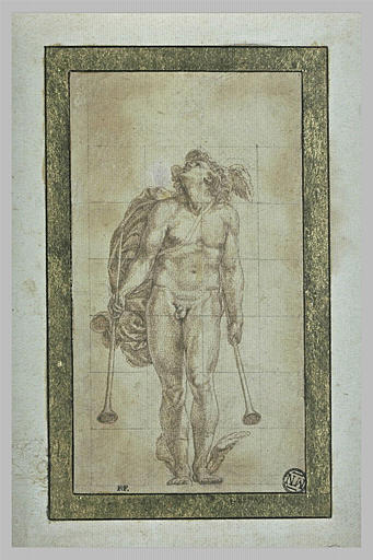 Mercure debout, une trompette dans chaque main