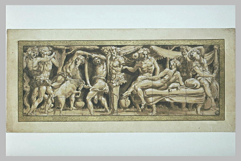 Bacchus et Ariane assis sur un lit, près du terme de Priape