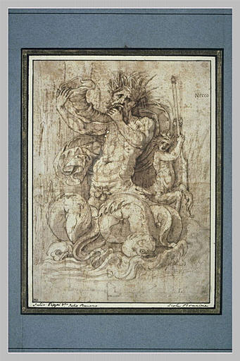 Le triton Nérée soufflant dans une conque, et un triton plus petit