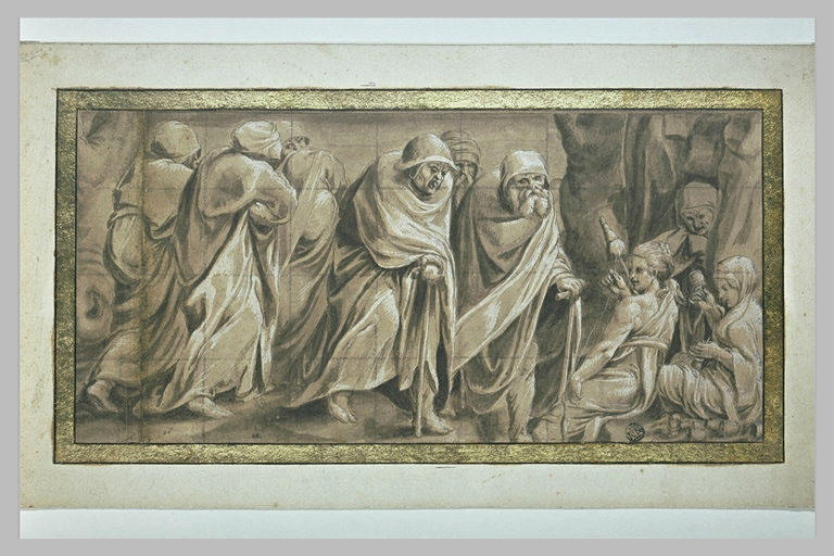 Frise : hommes agés se dirigeant vers les Parques