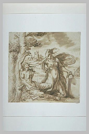 Scène allegorique avec une femme attachée à un arbre, martyrisée...