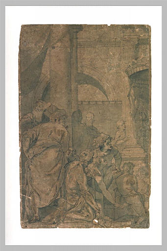 Groupe de figures regardant à droite avec étonnement