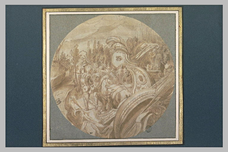 Boeufs hâlant des vaisseaux antiques transportant une armée