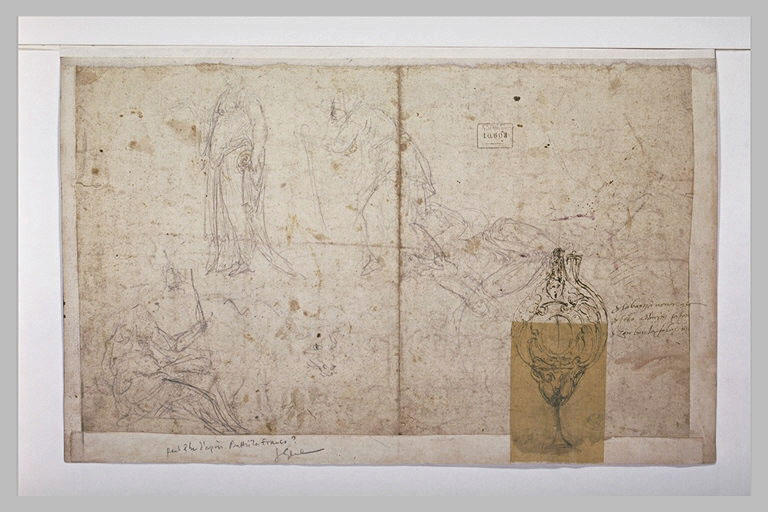 Feuilles d'études de figures dans diverses positions et étude de blason