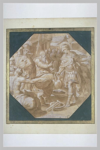 Un vieillard couronné assis et entouré de soldats