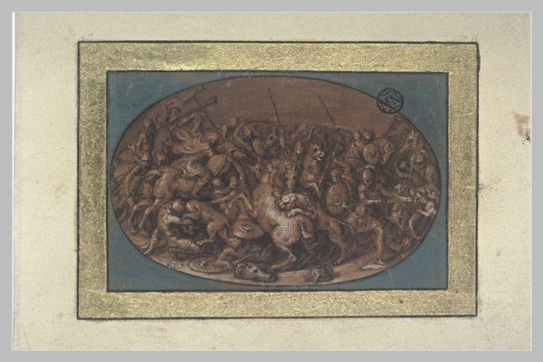 Scène de bataille : mêlée de cavaliers attaqués par des animaux sauvages