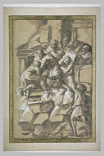 Hommes vêtus à l'antique cherchant à fuir un palais qui s'écroule
