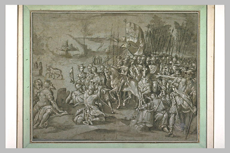 Armée au repos assistant à un sacrifice se déroulant au loin