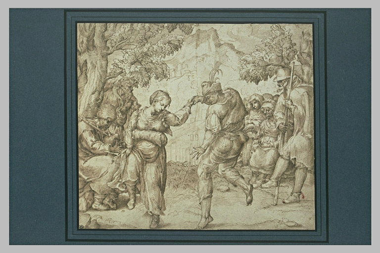 Danse villageoise, un homme joue de la musette