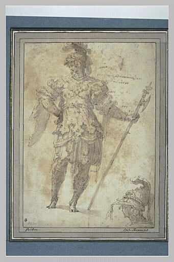 Guerrier debout, tenant une hallebarde, et reprise de la tête casquée