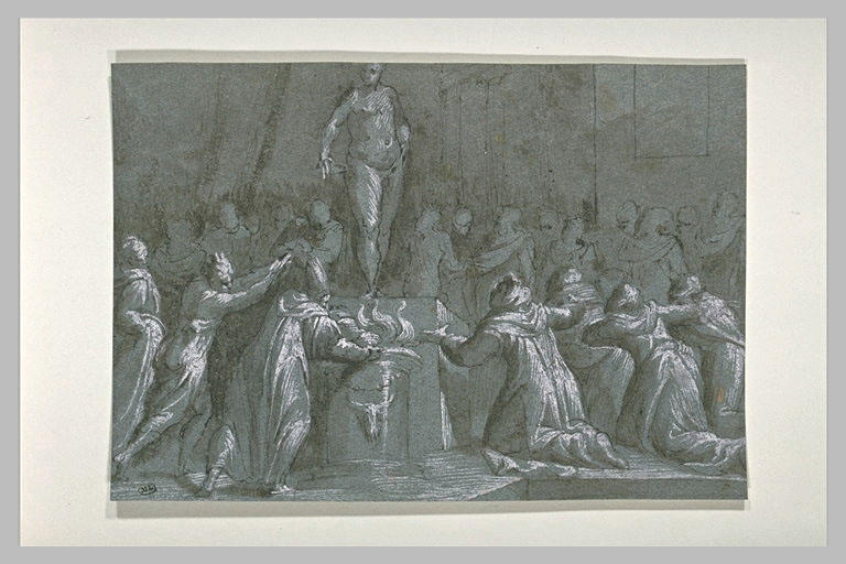 Scène de sacrifice : foule nombreuse autour d'une figure nue sur un autel