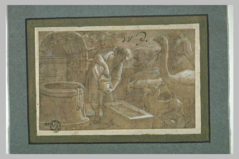 Un homme donnant à boire à divers animaux