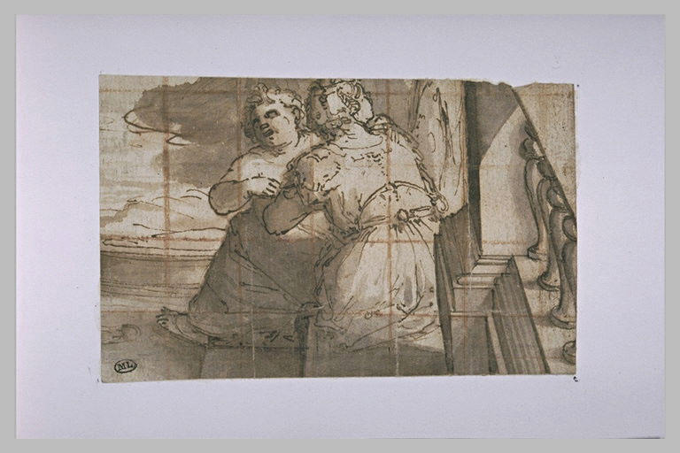 Femme assise près d'une balustrade, de dos, un enfant sur les genoux