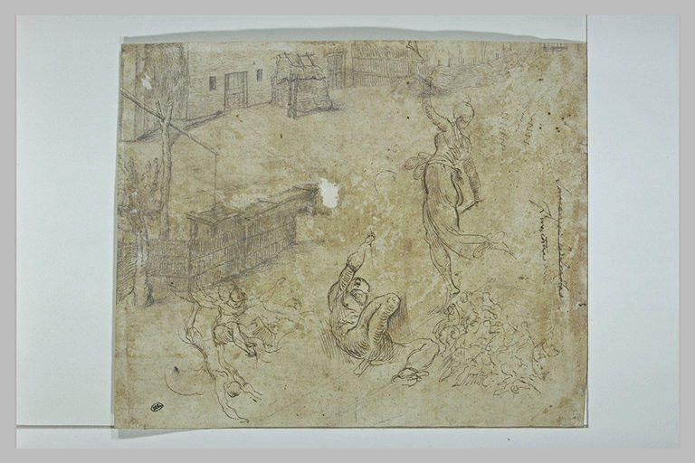Etudes : quatre figures renversées, femme, groupe de figures, cour de ferme