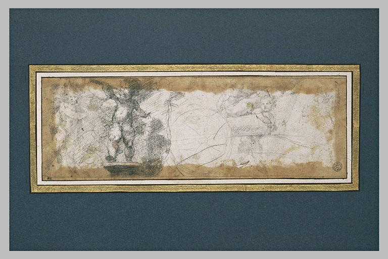 Putti  jouant avec un canon ; femme de profil vue en buste