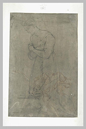 Femme agenouillée, tournée vers la gauche : la Vierge (?) ; Ange volant