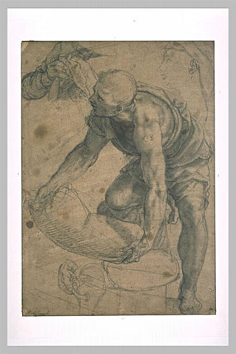 Homme soulevant de terre un sac. Croquis d'une tête et des mains