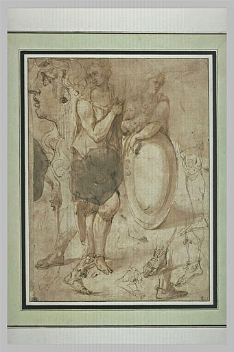 Etudes : tête, figure debout, figure avec un bouclier, pieds et jambes