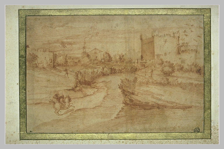 Paysage avec des maisons fortifiées, un cavalier, des personnages
