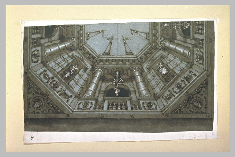 Perspective en contre-plongée : moitié de cour intérieure à pans octogonaux