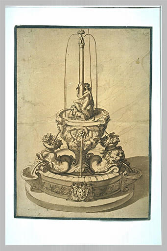 Etude de fontaine : femme avec un lion au pied d'une colonne