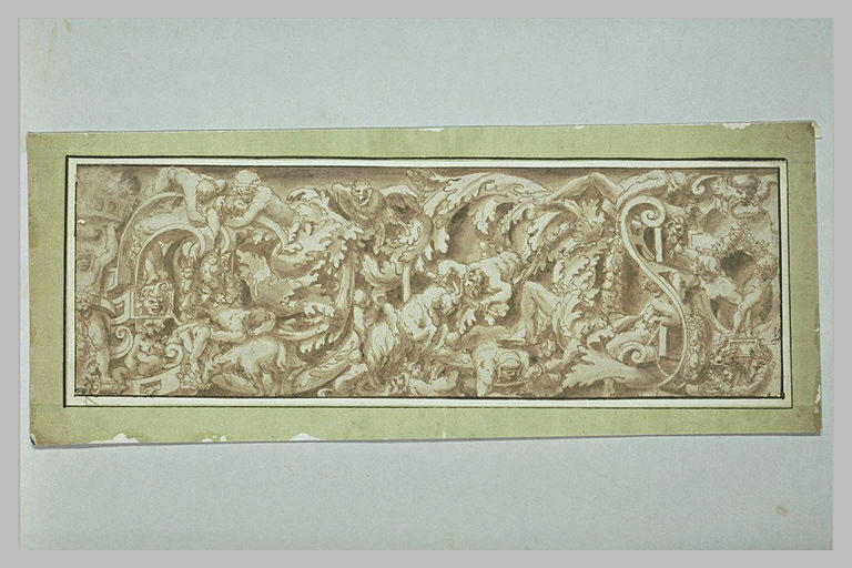 Frise : hommes, enfants, animaux dans des rinceaux de feuillage