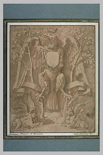 Aigle entre deux arbres portant les armoiries d'un cardinal, et des griffons
