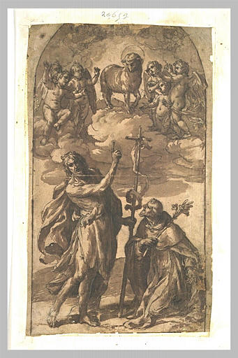Agneau mystique apparaissant saint Jean-Baptiste et saint Dominique