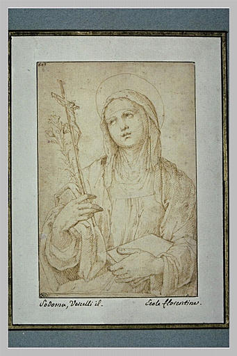 Une sainte tenant un livre et un crucifix : sainte Catherine de Sienne ?
