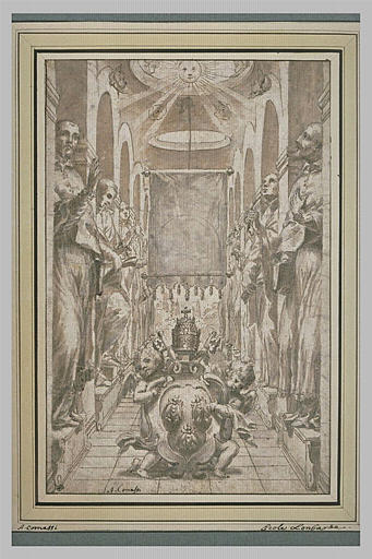 Armoiries d'Urbain VIII, portées par des anges à travers une haie de saints