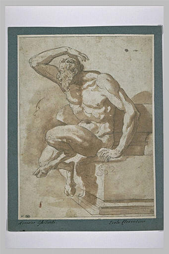 Satyre assis de profil vers la gauche, levant le bras droit