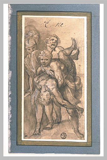 Deux hommes accompagnés de Francus portant le cadavre d'un de ses compagnons