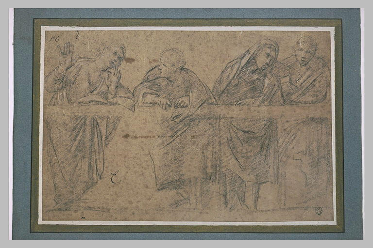 Quatre personnages drapés, appuyés sur une balustrade