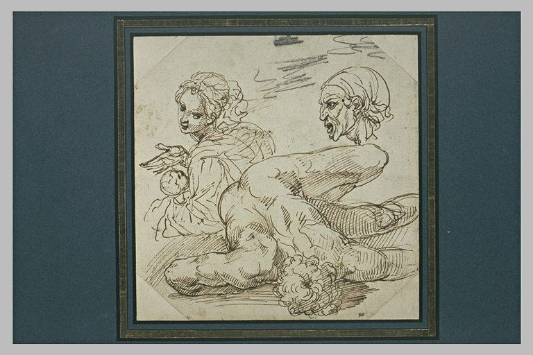 Etudes : femme et enfant ; profil de femme ; homme étendu, vu du dessus