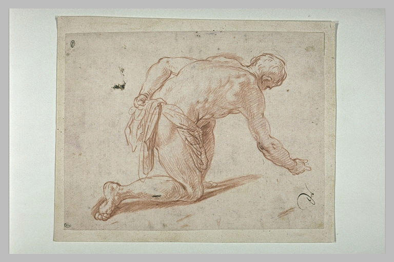 Homme nu, à genoux, vu de dos, retenant une draperie autour de sa taille