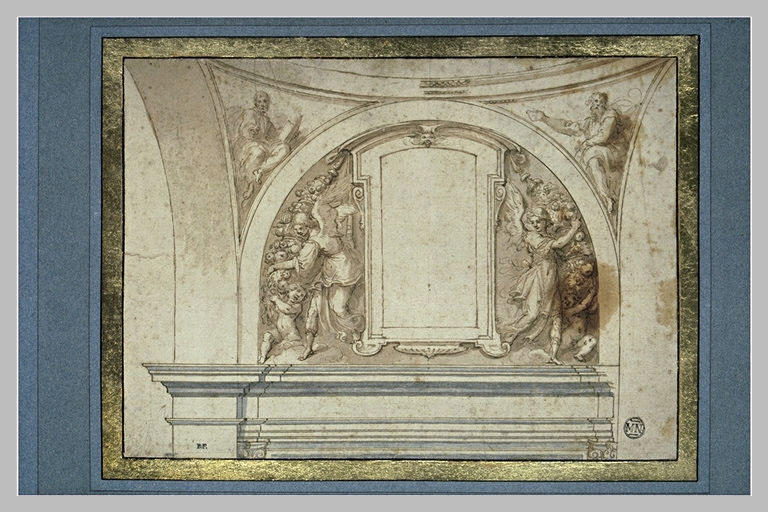 Projet de lunette, percée d'une fenêtre, décorée d'anges et d'évangélistes