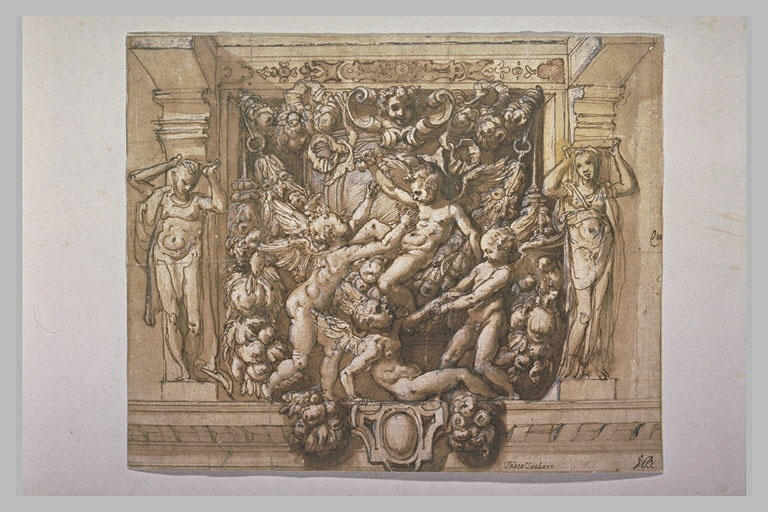 Etude de frise, : quatre putti jouant devant une guirlande de fruits