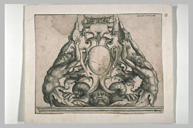 Chenet avec un blason encadré de deux tritons tenant un soufflet