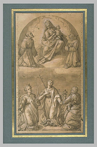 Vierge à l'Enfant entre deux saints franciscains, au-dessus de trois saintes