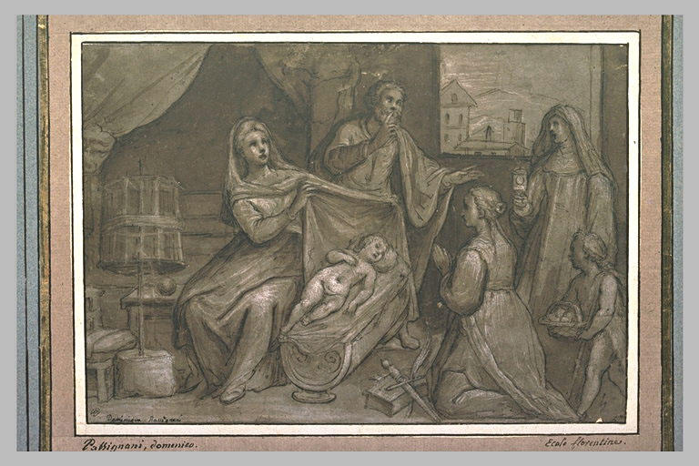 La Vierge soulève le voile qui recouvre le berceau de Jésus endormi