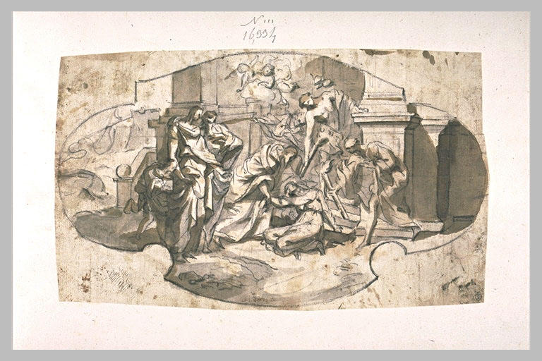 Sainte mourante sur des marches, entourée de figures d'hommes et d'anges